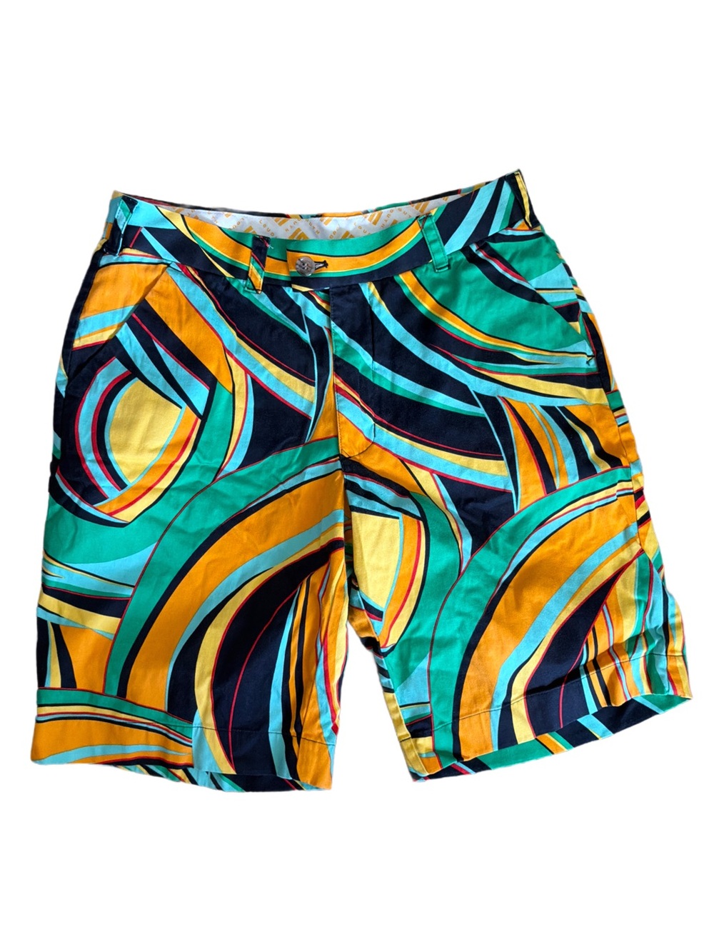 Loudmouth Men's Bold Teal, Yellow & Navy Swirl Golf Shorts Waist 31”